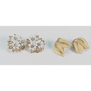 Crown Trifari Earrings 2 Pair Flower White Crystal & Brushed Gold Tone Leaf Clip
